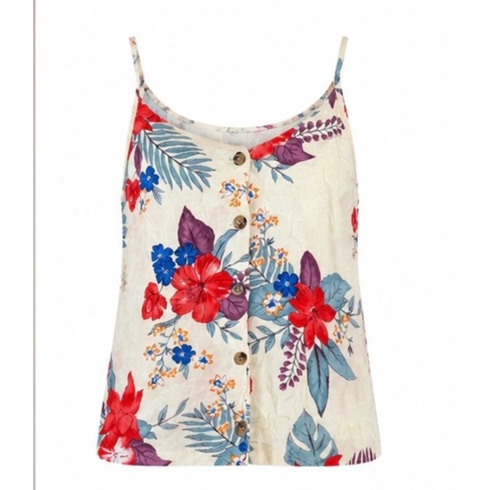 Kirious Women Floral Tropical Button Down Camisole Tank Top Cream Red Blue L